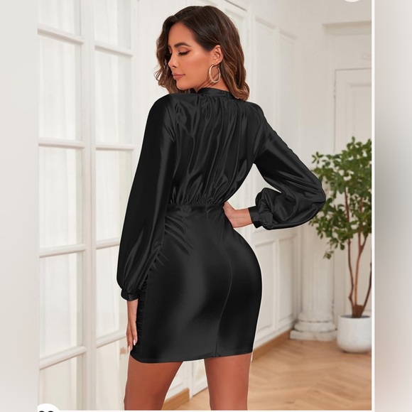 MARZXIN Women Puff Long Sleeve Ruched Bodycon Dress Satin - Picture 3 of 8